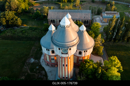 Renovated towers in an abandoned aera-stock-foto