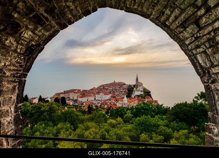 Panoramic photo about piran old town in Slovenia-stock-foto