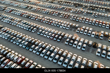 Aerial view new cars lined up in the parking station-stock-foto