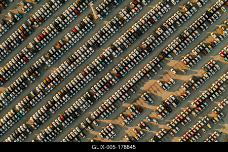 Aerial view new cars lined up in the parking station-stock-foto