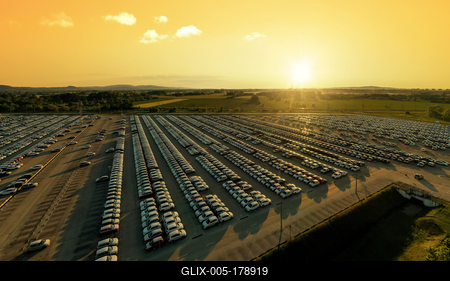 Aerial view new cars lined up in the parking station-stock-foto
