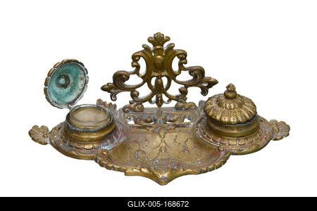 Ornate antique brass inkwell isolated.-stock-foto