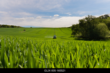 A farmer spraying on the spring wheat field with a John Deere tractor and a mamut topline sprayer.-stock-foto