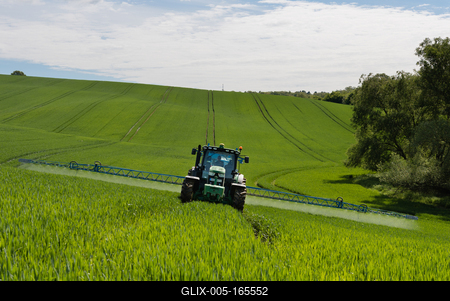A farmer spraying on the spring wheat field with a John Deere tractor and a mamut topline sprayer.-stock-foto