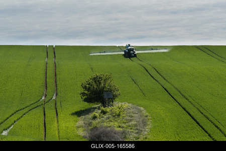 A farmer spraying on the spring wheat field with a John Deere tractor and a mamut topline sprayer.-stock-foto