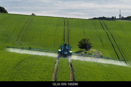 A farmer spraying on the spring wheat field with a John Deere tractor and a mamut topline sprayer.-stock-foto