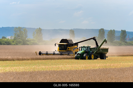 Farmers are harvesting and loading the seeds from a New Holland CR9080 combine to a Fliegl ULW trailer which is towing by a John Deere 8335R tractor.-stock-foto