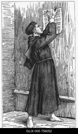 Martin Luther nailing his theses on the door of the castle church of Wittemberg-stock-foto