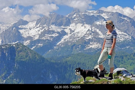 Woman with a Miniature Schnauzer, black and silver, on the summit of Jenner Mountain, Berchtesgaden National Park, Berchtesgadener Land, Bavaria, Germany, Europe, PublicGround-stock-foto