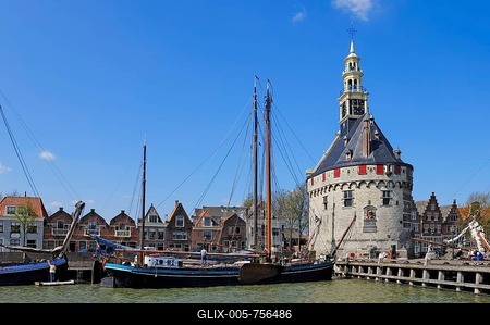 Hoofdtoren tower and ships in the harbour, Hoorn, North Holland, Holland, Netherlands, Europe-stock-foto