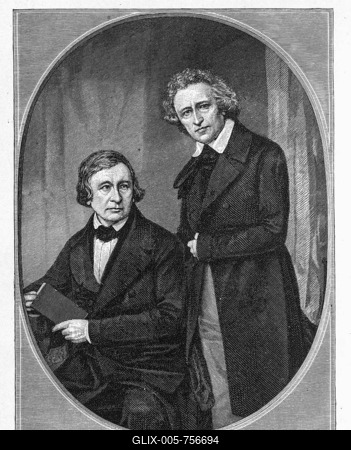 The brothers Grimm, Jacob Grimm (1785-1863), Wilhelm Grimm (1786-1859), collectors of folk and fairy tales, inguistics scientists, title page of "Deutsches Woerterbuch" German dictionary, 1854-stock-foto