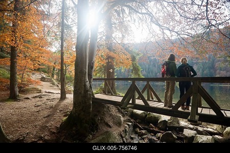 Two hikers on wooden bridge at Feldsee lake, at Mt Feldberg, Schwarzwald or Black Forest, Baden-Württemberg, Germany, Europe-stock-foto