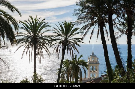 Steeple, sea and palm trees, Bordighera, Imperia, Riviera dei Fiori, Liguria, Italy-stock-foto