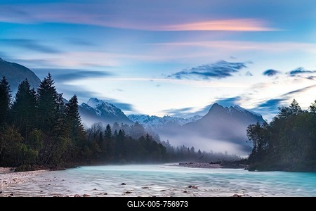 Morning atmosphere on the banks of the Soca, Bovec, Slovenia-stock-foto