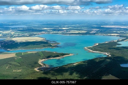 Aerial view of Lake Sedlitz, chain of lakes, Lusatian Lakeland, Lower Lusatia, recultivation, opencast lignite mining area, Lusatia, Sedlitz opencast mine, Brandenburg, Germany-stock-foto