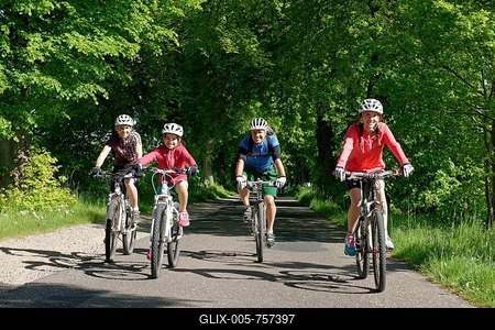 Family with children riding bicycles down avenue, Qualzow, Müritz National Park, Mecklenburg Lake District, Mecklenburg-Western Pomerania, Germany-stock-foto
