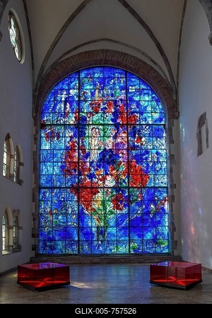 Monumental stained glass window La Paix, the Peace, by Marc Chagall in the Chapelle des Cordeliers, 18th century Franciscan chapel, Sarrebourg or Saarburg, Moselle, Grand Est region, Lorraine, France-stock-foto
