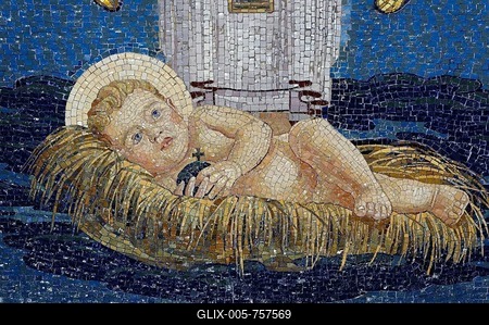 Baby Jesus lying in the manger, Christmas, wall mosaic at the Church of the Transfiguration, Mount Tabor, Galilee, Israel, Middle East-stock-foto