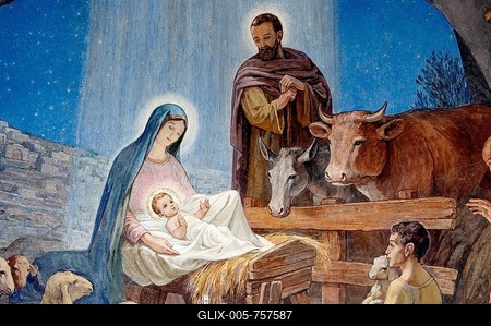 Birth of Jesus, fresco, Der es-Siar Chapel, Shepherds' Fields, religious place of the Night Watch, Beit Sahour near Bethlehem, West Bank, Israel, Middle East-stock-foto