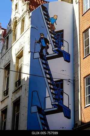 Graffiti, comic, Tintin and Struppi, wall painting on a house wall, Brussels, Belgium-stock-foto