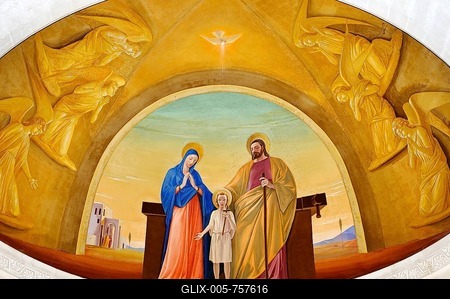 Mary, Joseph and Baby Jesus, fresco above the high altar in St. Joseph's Church, Nazareth, Galilee, Israel, Middle East-stock-foto