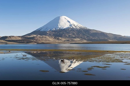 Parinacota volcano reflecting in the Chungara lake, Lauca National Park, UNESCO Biosphere Reserve, Arica and Parinacota Region, Chile, South America-stock-foto