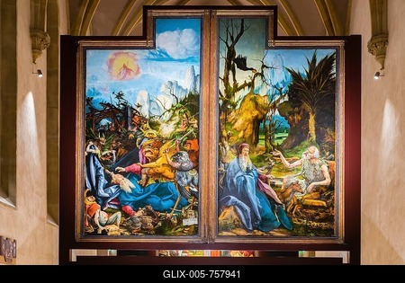 Isenheim Altar by Matthias Grünewald, Paintings, Temptations of Saint Anthony and Meeting of Saint Anthony with Paulus Eremita, Museum Unterlinden, Musée Unterlinden, Colmar, Alsace, France-stock-foto