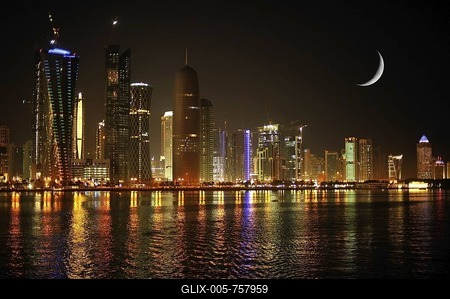 Night shot, skyline of Doha, Tornado Tower, Navigation Tower, Peace Towers, Al-Thani Tower, Moon, Doha, Qatar, Qatar, Persian Gulf, Middle East, Asia-stock-foto
