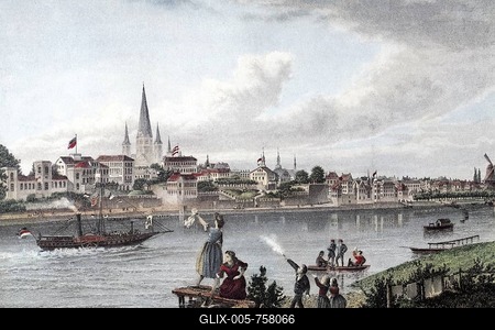 Bonn on the Rhine River in 1868, historical landscape and townscape, steel engraving from the 19th Century, North Rhine-Westphalia, Germany, Europe-stock-foto