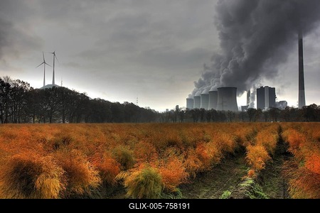 Faded asparagus field in autumn, in the back the E.ON coal power plant in Gelsenkirchen-Scholven, North Rhine-Westphalia, Germany, Europe-stock-foto