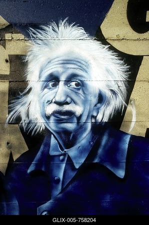 Graffiti portrait of Albert Einstein, street art, Rheinpark, Duisburg-Hochfeld, Ruhr Area, North Rhine-Westphalia, Germany, Europe-stock-foto