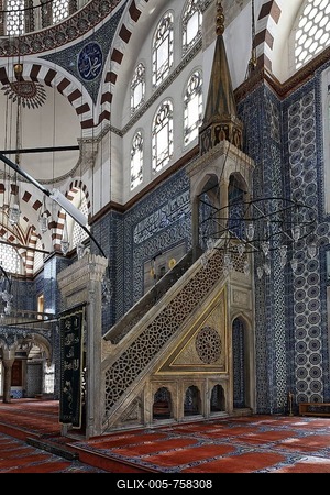 Pulpit, minbar, in the prayer room, wall decorations with Iznik tiles, Ruestem Pasa Mosque, Eminoenue, Istanbul, Turkey-stock-foto