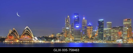 Panorama shot of Sydney Opera House, Sydney Harbour Bridge, Harbour, Sydney skyline, Central Business District, moon, night, Sydney, New South Wales, Australia-stock-foto