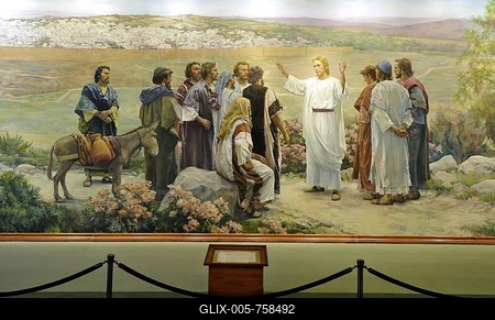 Go Ye Therefore, Jesus Christ and 11 Apostles, mural by Grant Romney Clawson after Harry Anderson, Lobby, Administration Building, office building, Temple of The Church of Jesus Christ of Latter-day Saints, Mormon Church, Temple Square, Salt Lake City, Utah, Southwest, USA, North America-stock-foto