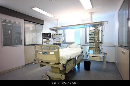 ICU or intensive care unit, empty patient bed ready for a new patient, medical equipment for the care, ventilation and monitoring of the patient, hospital, Germany, Europe-stock-foto