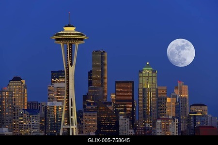 Night scene with full moon, skyline of the Financial District in Seattle, Space Needle, Columbia Center, formerly known as Bank of America Tower, Washington Mutual Tower, Two Union Square Tower, Municipal Tower, formerly Key Tower, US Bank Center, Washington, United States of America, USA-stock-foto