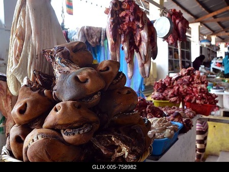 Cow snouts for soup at a meat stall at the market, Cusco, Peru-stock-foto