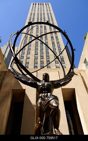 Atlas Statue at the "Rockefeller Center", in the back an office building, New York City, USA-stock-foto