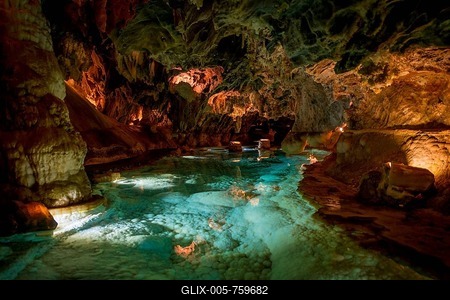 Gruta de las Maravillas, lake in a cave, stalactites and stalagmites in a dripstone cave, Aracena, Huelva, Andalusia, Spain-stock-foto