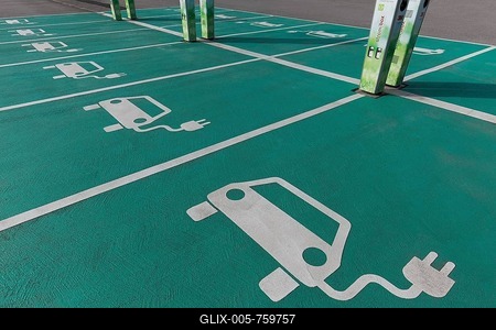 Electric car parking and charging stations, pictograms on the ground, Neuss, North Rhine-Westphalia, Germany-stock-foto