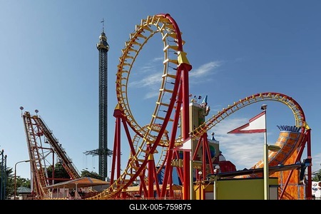 Boomerang roller coaster and Prater Tower, Vienna Prater or Wurstelprater, Vienna, Austria-stock-foto