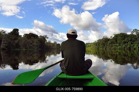 Man travelling by canoe on a tributary of the Amazon, Mamiraua Nature Reserve, Amazon, Brazil, South America-stock-foto