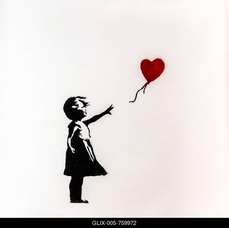 Banksy - Girl with Balloon, symbol of fragility, indebtedness, dreams, hope and love, 2003, exhibition The World of Banksy-stock-foto