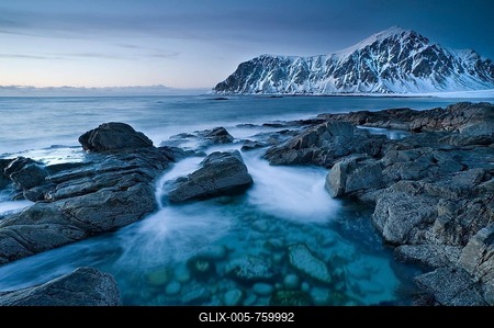 Evening mood at Skagsanden, beach near Flakstad, Flakstadsřya, Lofoten Islands, Nordland, Norway, Europe-stock-foto