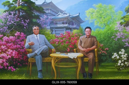 Kim Il Jong und Kim Song Il as a wall painting on Mount Myohyang-san, North Korea, Asia-stock-foto