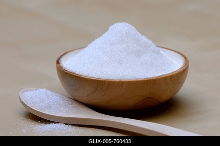 Birch sugar in bowl and spoon, xylitol, xylitol-stock-foto