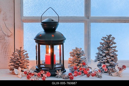 Lantern with Christmas decoration on windowsill-stock-foto