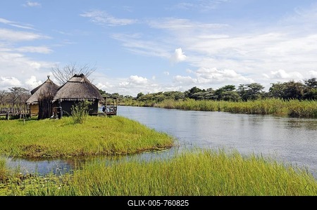 Chalets in Camp Kwando, lodge and campground on the Kwando River, Caprivi Strip or Okavango Strip, Namibia, Africa-stock-foto