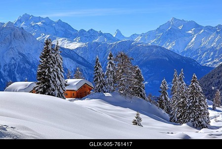 Winter landscape with deep snow-covered chalets, in the back summit of Dom, 4545m, and Matterhorn, 4478m, Riederalp, Aletsch area, Upper Valais, Valais, Switzerland-stock-foto