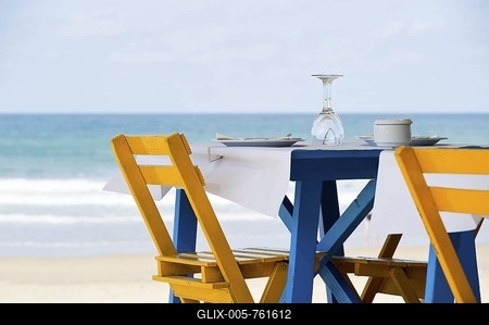 Table and chairs on the beach of Conil de la Frontera, Costa de la Luz, Andalusia, Spain, Europe-stock-foto